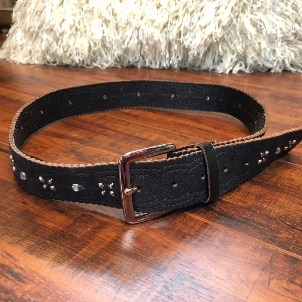 VINTAGE Boho Rocker CHIC Black Silver Studded Gem Layering Belt S/M